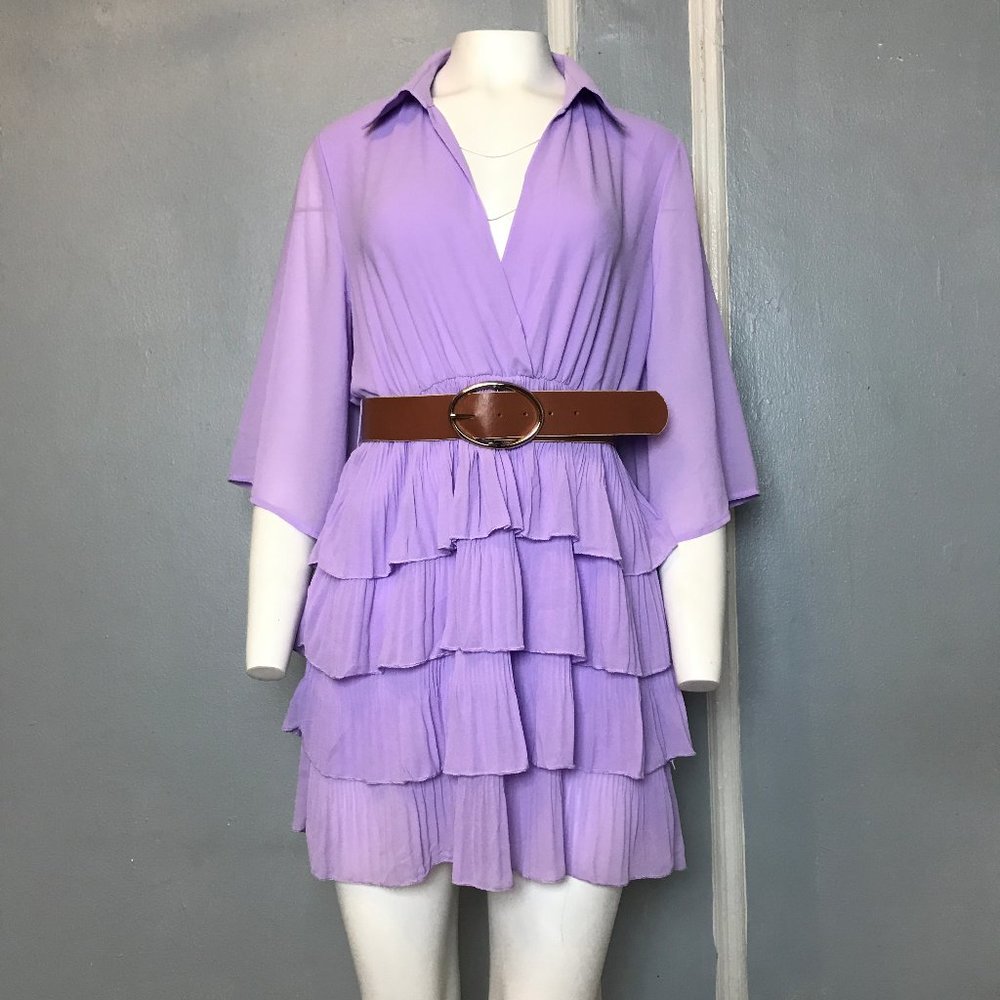 🍀 ZARA PLEATED RUFFLED LILAC DRESS WITH BELT_5